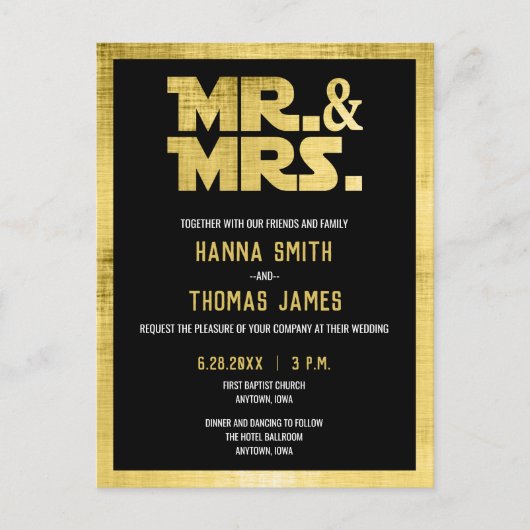 Mr en Mrs Black Gold Sci Fi bruiloft uitnodiging (Voorkant)