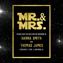 Mr en Mrs Black Gold Sci Fi Theme Wedding Aankondigingskaart