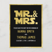 Mr en Mrs Black Gold Sci Fi Theme Wedding Aankondigingskaart (Voorkant)