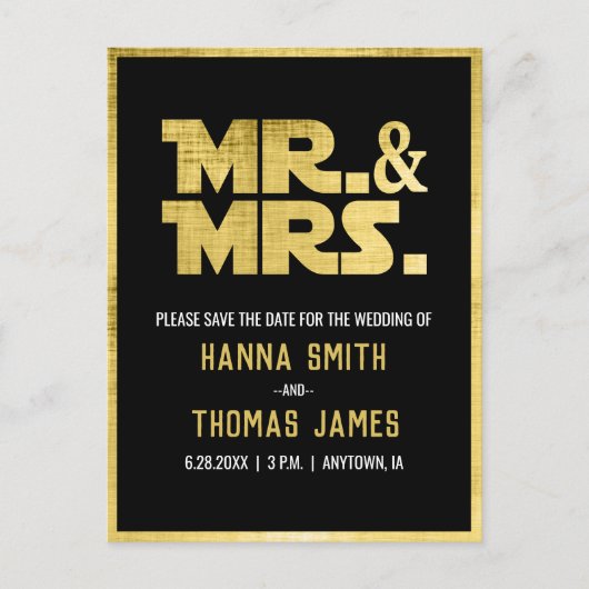 Mr en Mrs Black Gold Sci Fi Theme Wedding Aankondigingskaart (Voorkant)