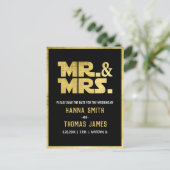 Mr en Mrs Black Gold Sci Fi Theme Wedding Aankondigingskaart (Staand voorkant)