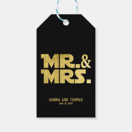 Mr en Mrs Black Gold Sci Fi Theme Wedding Cadeaulabel