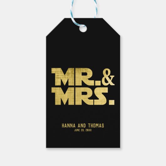 Mr en Mrs Black Gold Sci Fi Theme Wedding Cadeaulabel (Voorkant)