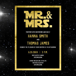 Mr en Mrs Black Gold Sci Fi Theme Wedding Kaart