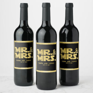 Mr en Mrs Black Gold Sci Fi Theme Wedding Wijn Etiket