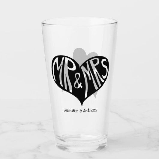 Mr en Mrs Black Heart Shape Wedding Glas (Voorkant)