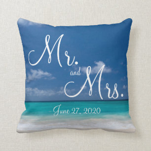 Mr en Mrs Blue Beach Wedding Kussens