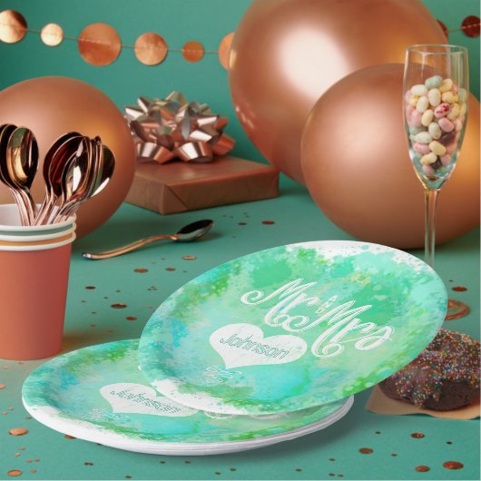 Mr en Mrs Blue Green Waterverf Style Papieren Bordje (Multi)