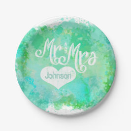 Mr en Mrs Blue Green Waterverf Style Papieren Bordje