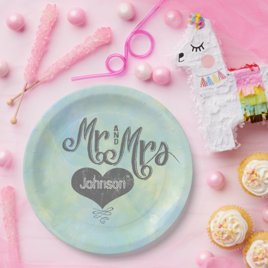 Mr en Mrs Blue Green Waterverf Style Papieren Bordje (Feest)
