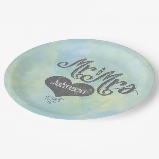 Mr en Mrs Blue Green Waterverf Style Papieren Bordje (Gekanteld)