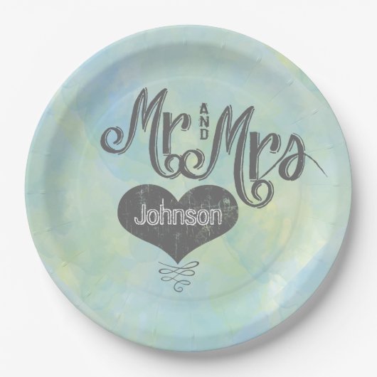 Mr en Mrs Blue Green Waterverf Style Papieren Bordje (Voorkant)