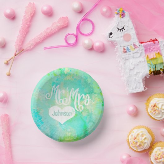 Mr en Mrs Blue Green Waterverf Style Papieren Kommen (Feest)