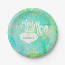 Mr en Mrs Blue Green Waterverf Style Papieren Kommen