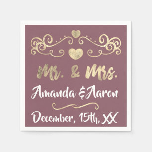 Mr en Mrs Blush Mauve White Hearts Name Golden Servet