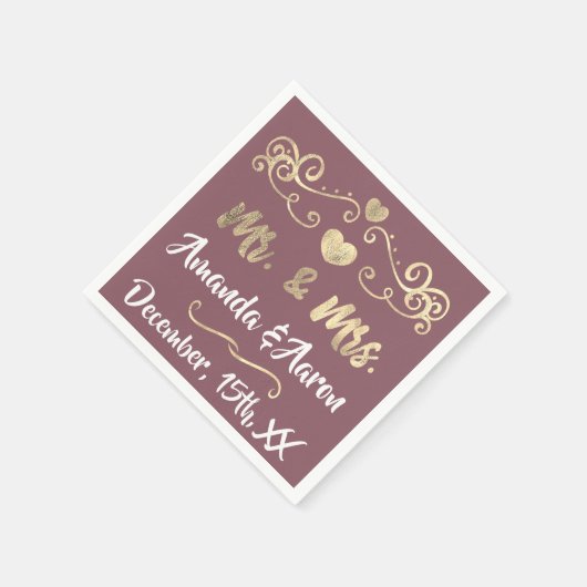 Mr en Mrs Blush Mauve White Hearts Name Golden Servet (Hoek)