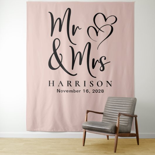 Mr en Mrs Blush Roze Bruiloft Wandkleed (In situ)