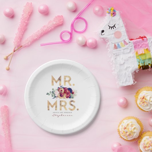 Mr. en Mrs. Bourgondië en Navy Bloemtypografie Papieren Bordje (Feest)