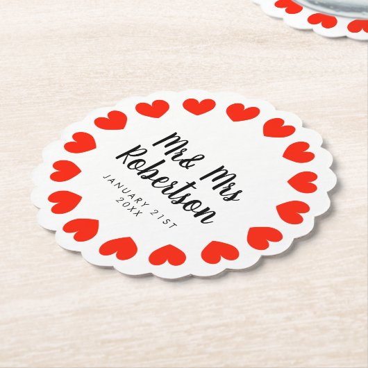 Mr en Mrs bruiloft onderzetters met rood hart (Gekanteld)