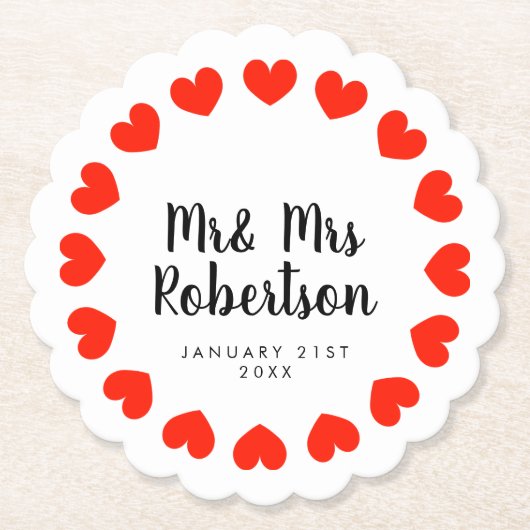 Mr en Mrs bruiloft onderzetters met rood hart (Voorkant)
