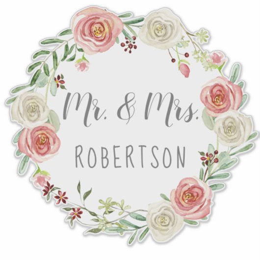 Mr en Mrs Bruiloft Waterverf Roos Bloemenkrans Sticker (Voorkant)