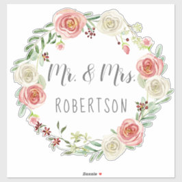 Mr en Mrs Bruiloft Waterverf Roos Bloemenkrans Sticker