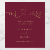Mr en Mrs Burgundy en Goud Script Trouw Wijn Etiket (Enkel label)