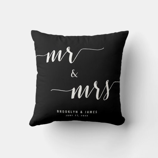 Mr en Mrs Calligraphy Black Wedding Kussens (Achterkant)