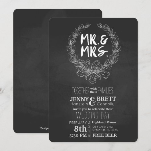 Mr. en Mrs Chalkboard Free Beer Wedding Invtation Kaart (Voorkant / Achterkant)