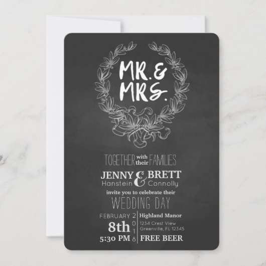Mr. en Mrs Chalkboard Free Beer Wedding Invtation Kaart (Voorkant)