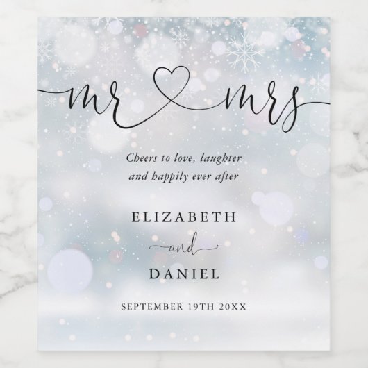 Mr. en Mrs. Cheers om te houden van script winter  Wijn Etiket (Enkel label)