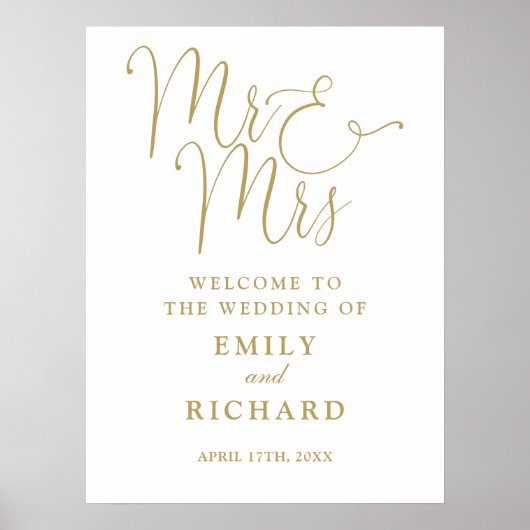 Mr en Mrs Chic Gold Wedding Welkom Teken Poster (Voorkant)