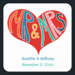 Mr en Mrs Colorful Red Heart Shape Wedding Vierkante Sticker<br><div class="desc">Voeg een leuke aanraking toe aan je bruiloft met deze gepersonaliseerde stickers. Ze zijn perfect voor het versieren van partijgunsten en uitnodigingen en hebben een vette afbeelding in het midden met "Mr. & Mrs." in kleurrijke, met de hand getekende letters in een rode hartvorm. Deze partijbenodigdheden zijn klaar om gepersonaliseerd...</div>