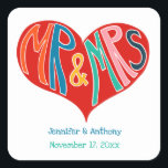 Mr en Mrs Colorful Red Heart Shape Wedding Vierkante Sticker<br><div class="desc">Voeg een leuke aanraking toe aan je bruiloft met deze gepersonaliseerde stickers. Ze zijn perfect voor het versieren van partijgunsten en uitnodigingen en hebben een vette afbeelding in het midden met "Mr. & Mrs." in kleurrijke, met de hand getekende letters in een rode hartvorm. Deze partijbenodigdheden zijn klaar om gepersonaliseerd...</div>
