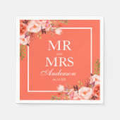 Mr en Mrs Coral Bloemen Witte Bruiloft Servet (Voorkant)