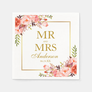 Mr en Mrs Coral Floral Gold Wedding Servet