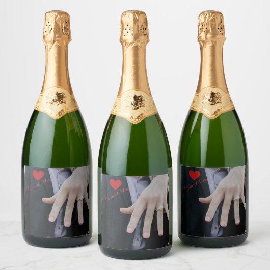 Mr en Mrs Custom Photo Red Sparkle Heart Sparkling Wijnetiket (Flessen)