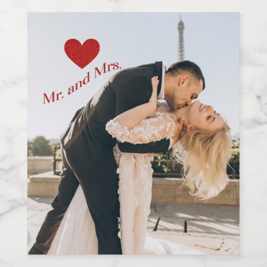 Mr en Mrs Custom Photo Red Sparkle Heart Wijn Etiket (Enkel label)