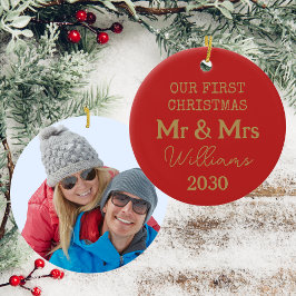 Mr en Mrs Eerste Kerstmis Rode en Gouden Foto Keramisch Ornament