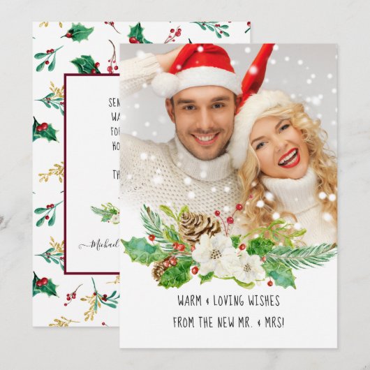 Mr en Mrs Eerste Kerstmis Waterverf Gouden Foto Feestdagenkaart (Voorkant / Achterkant)