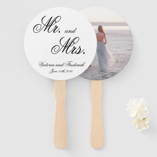 Mr en Mrs Elegant Calligraphy Photo Wedding Handwaaier (Voorkant en achterkant)