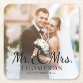 MR en MRS Elegant Cute Photo Wedding Party Kartonnen Onderzetters (Voorkant)