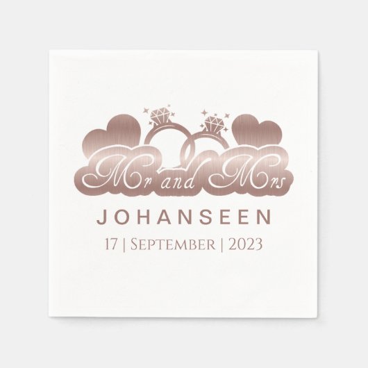Mr en Mrs Elegant Roos Gouden Folie Harten Bruilof Servet (Voorkant)