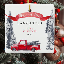Mr en Mrs First Christmas Holiday Red Truck Keramisch Ornament