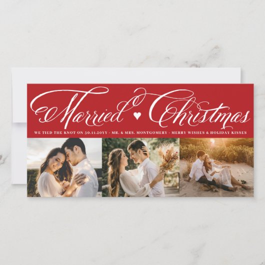 Mr en Mrs First Married Kerstmis 3 Fotobruiloft Feestdagenkaart (Voorkant)