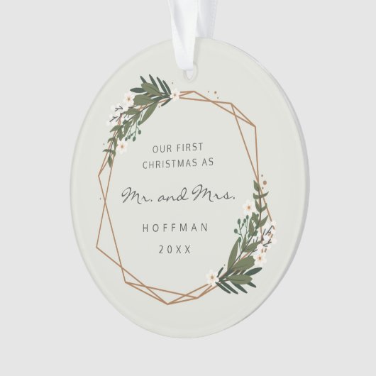Mr en Mrs Geometric Foto Ons Eerste Kerstfeest Ornament (voorkant)