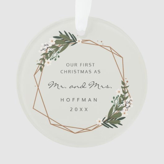 Mr en Mrs Geometric Foto Ons Eerste Kerstfeest Ornament (voorkant)