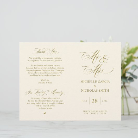 Mr. en Mrs., Gold font, Foldable Wedding Programme (Staand voorkant)