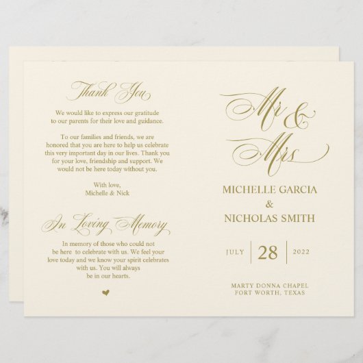 Mr. en Mrs., Gold font, Foldable Wedding Programme (Voorkant / Achterkant)