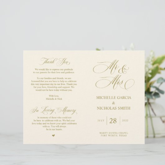 Mr. en Mrs., Gold font, Foldable Wedding Programme (Staand voorkant)
